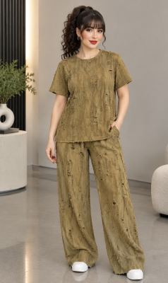 ست لباس و شلوار نخی گیاهی 9030 طرح زرشکی